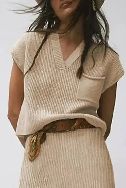 Apricot ribbed cap sleeve V-neck sweater front view — Fashionfitz UK