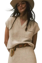 Apricot V-Neck Sweater - Ribbed Cap Sleeve - Fashionfitz