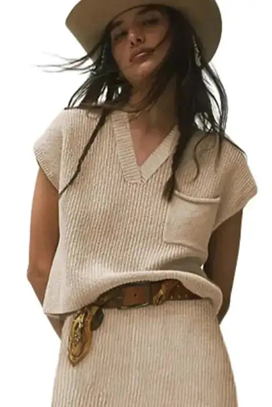 Apricot V-Neck Sweater - Ribbed Cap Sleeve - Fashionfitz