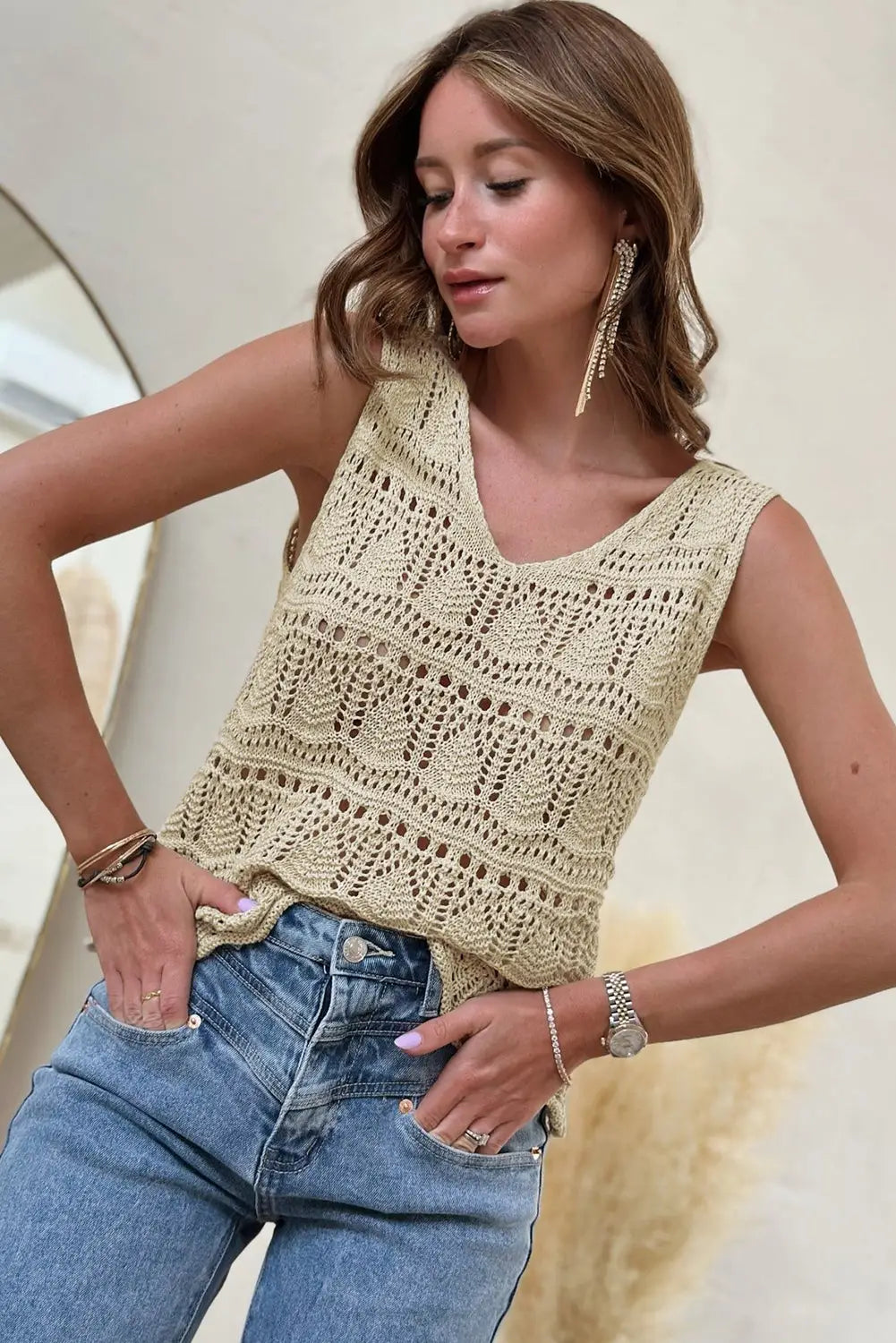 Apricot v neck textured hollow-out sweater vest - tops