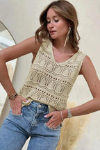 Apricot V-Neck Crochet Vest - Fashionfitz