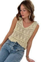 Apricot V-Neck Crochet Vest - Fashionfitz