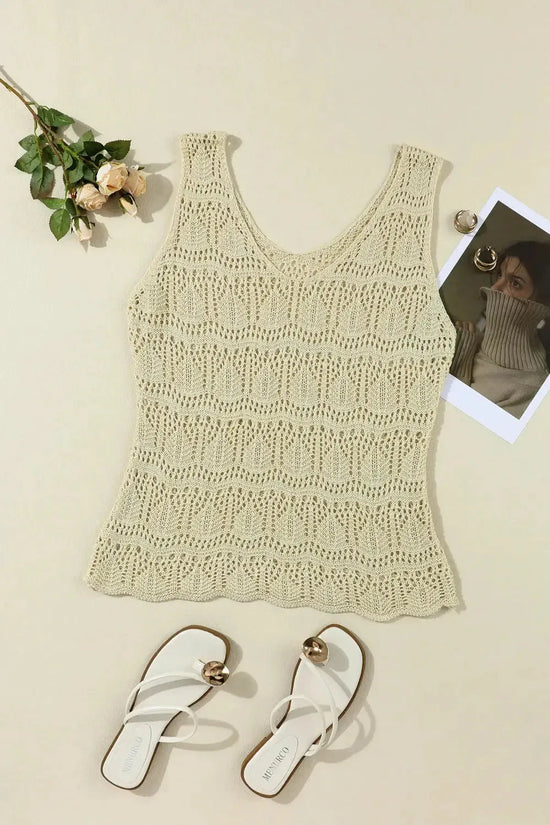 Apricot V-Neck Crochet Vest - Fashionfitz
