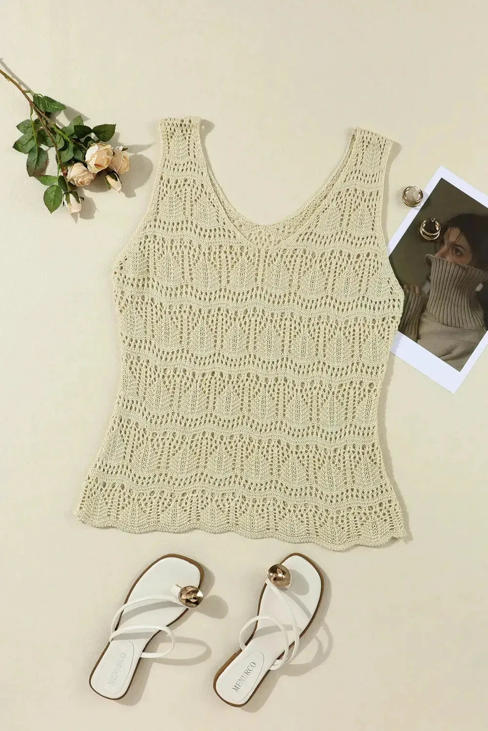 Apricot V-Neck Crochet Vest - Fashionfitz
