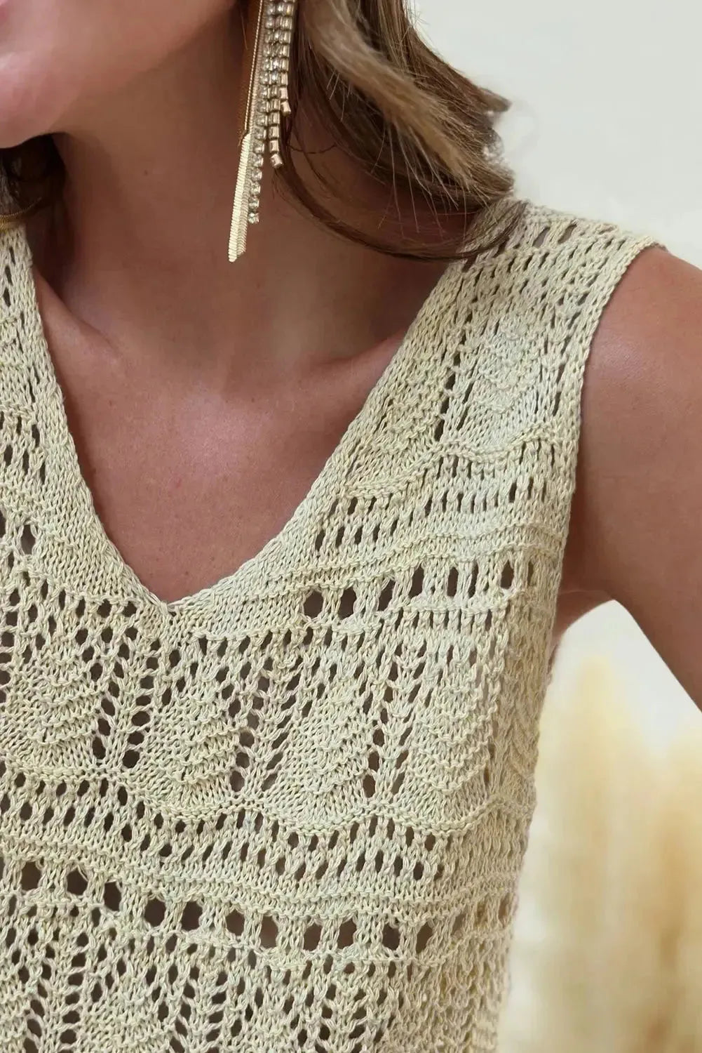 Apricot V-Neck Crochet Vest - Fashionfitz