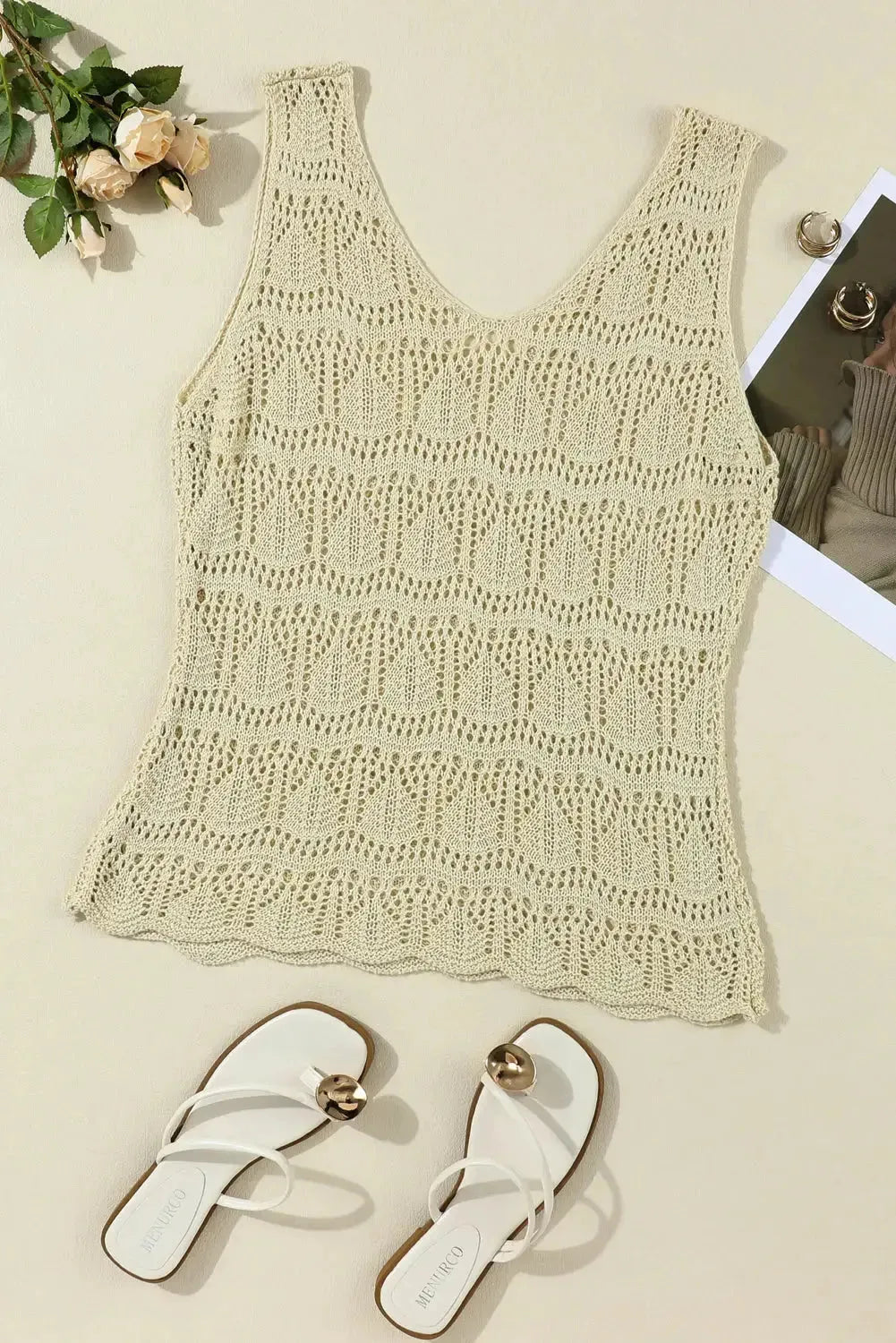 Apricot V-Neck Crochet Vest - Fashionfitz