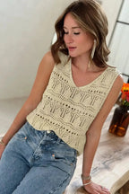 Apricot V-Neck Crochet Vest - Fashionfitz