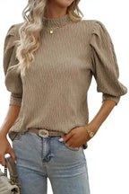 Apricot Vintage Textured Puff Sleeve Mock Neck Top - Fashionfitz
