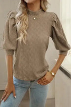 Apricot Vintage Textured Puff Sleeve Mock Neck Top - Fashionfitz