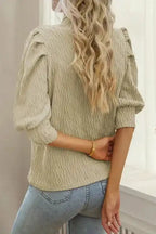 Apricot Vintage Textured Puff Sleeve Mock Neck Top - Fashionfitz