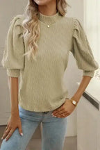 Apricot Vintage Textured Puff Sleeve Mock Neck Top - Fashionfitz