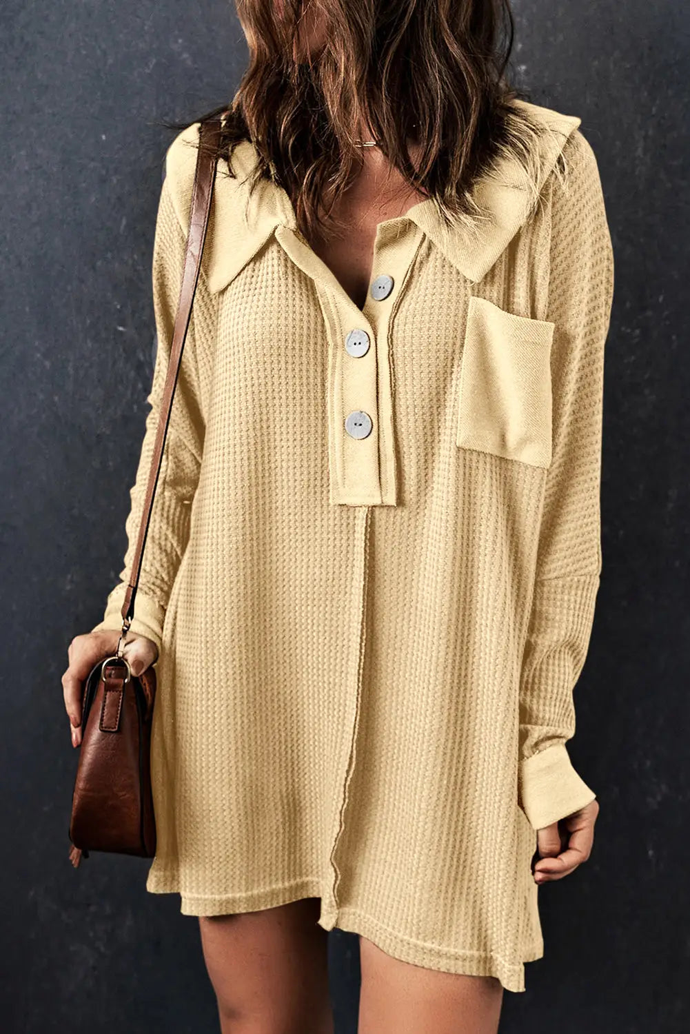 Apricot waffle knit buttoned long sleeve top - 2xl /