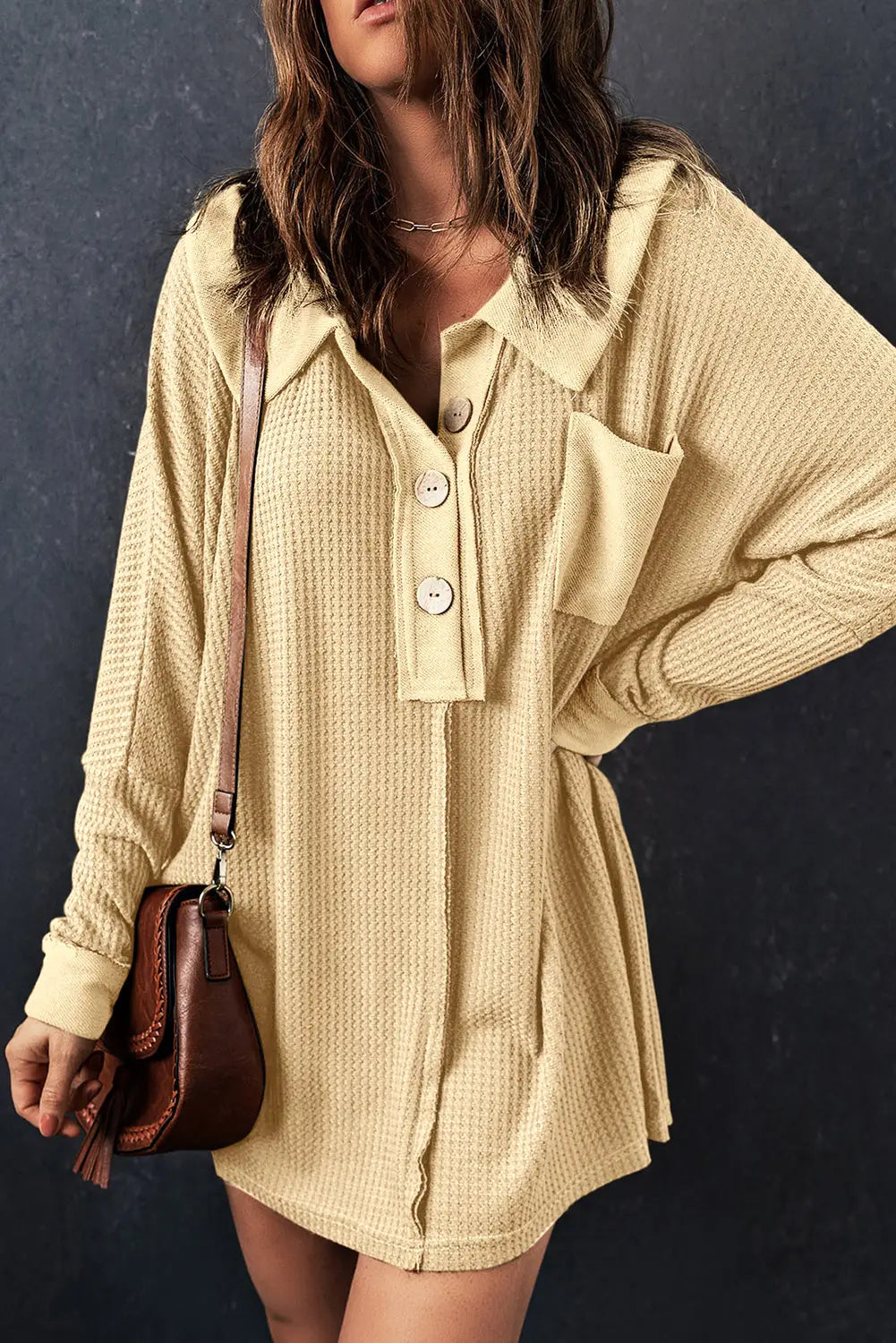 Apricot waffle knit buttoned long sleeve top - tops
