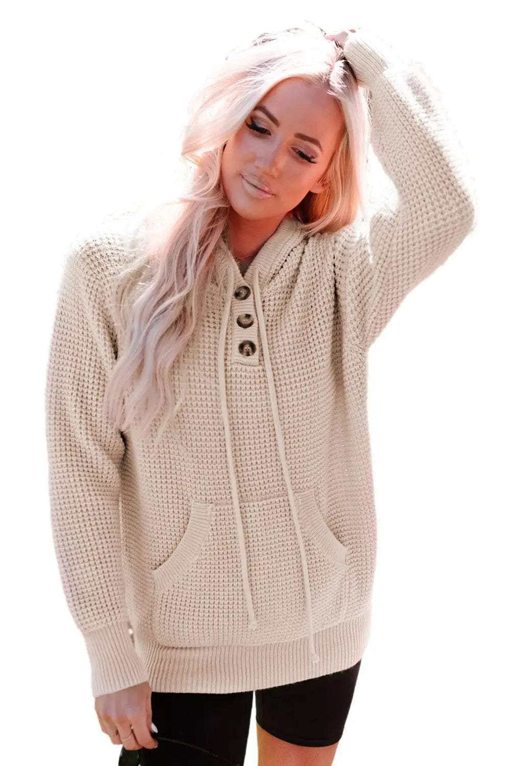 Apricot waffle knit buttons hooded sweater with pocket -