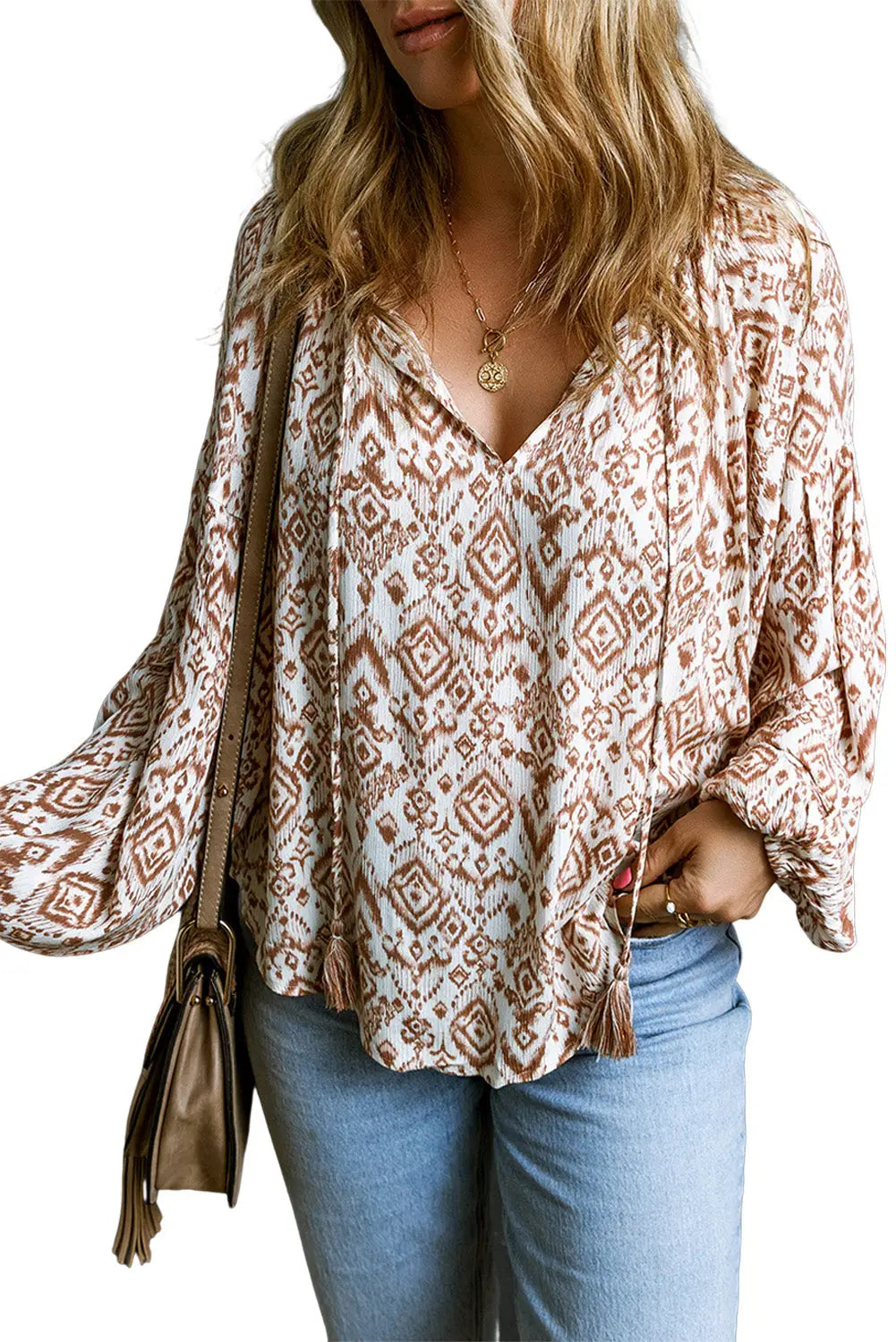 Apricot western print balloon sleeve tassel blouse - tops