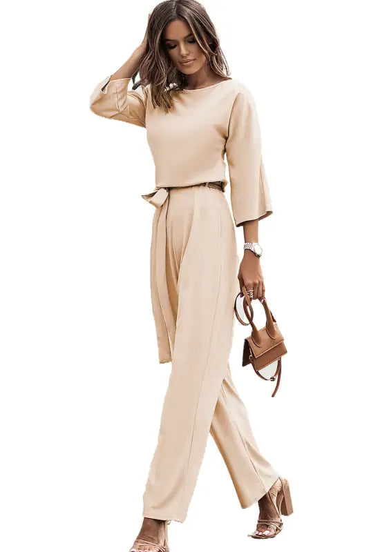 Apricot wide leg jumpsuit - waist tie - jumpsuits