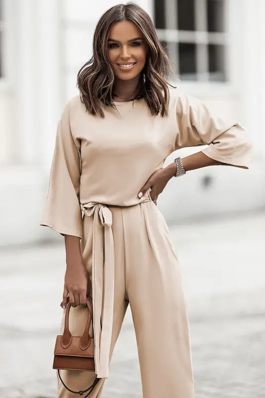 Apricot wide leg jumpsuit - waist tie - jumpsuits