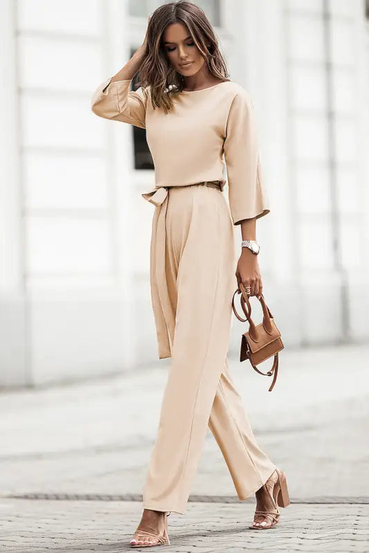 Apricot wide leg jumpsuit - waist tie - s / 95% polyester + 5% spandex - jumpsuits