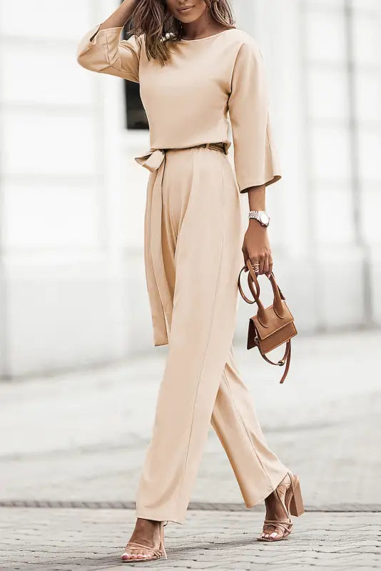 Apricot wide leg jumpsuit - waist tie - jumpsuits