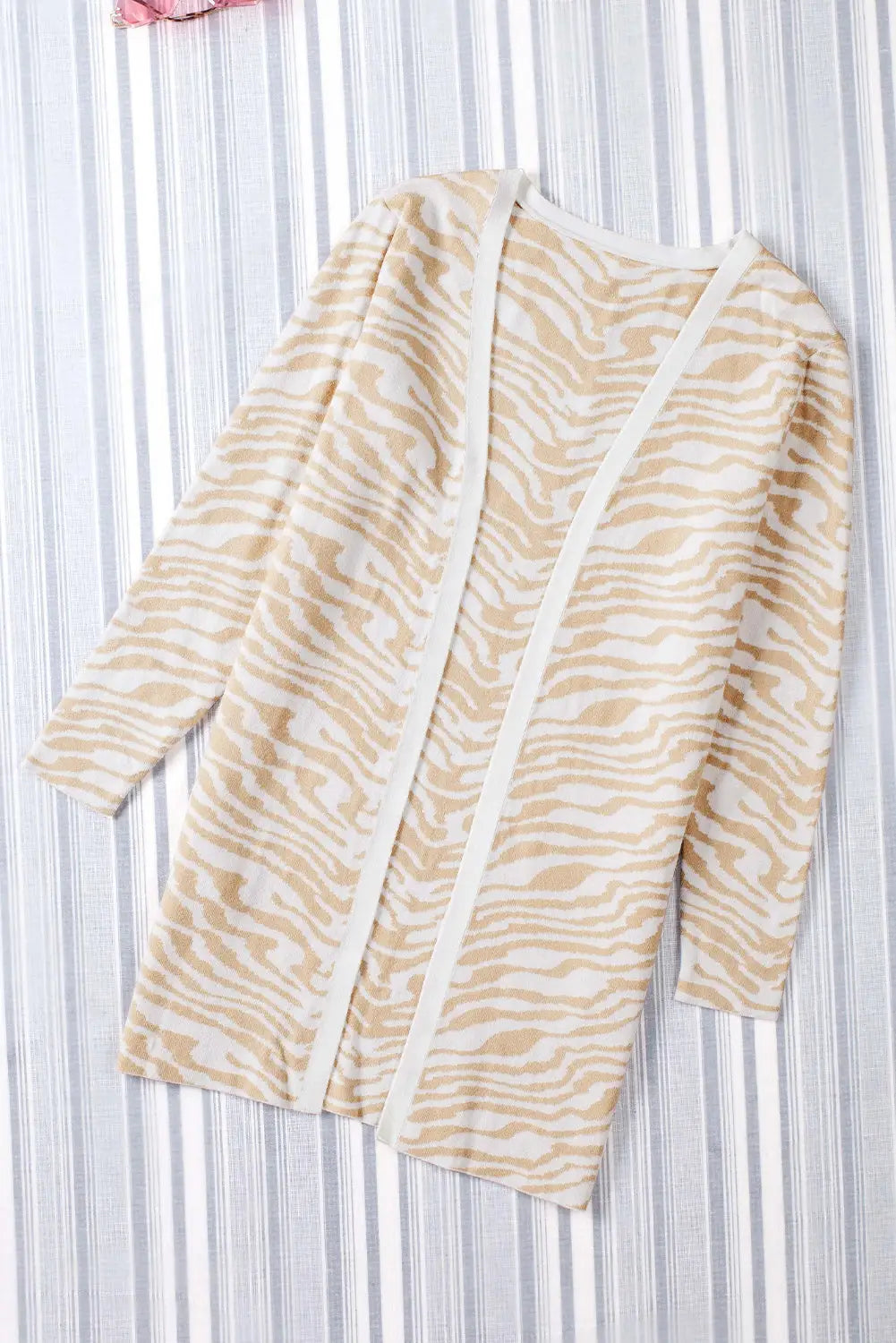 Apricot zebra print open front long cardigan - tops
