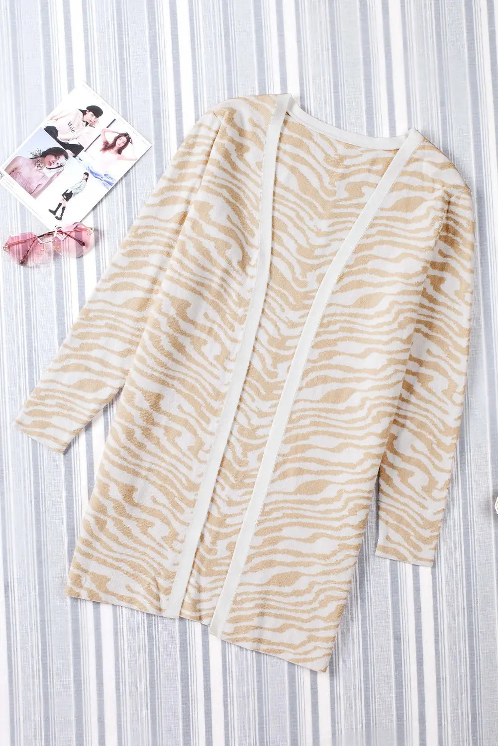 Apricot zebra print open front long cardigan - tops