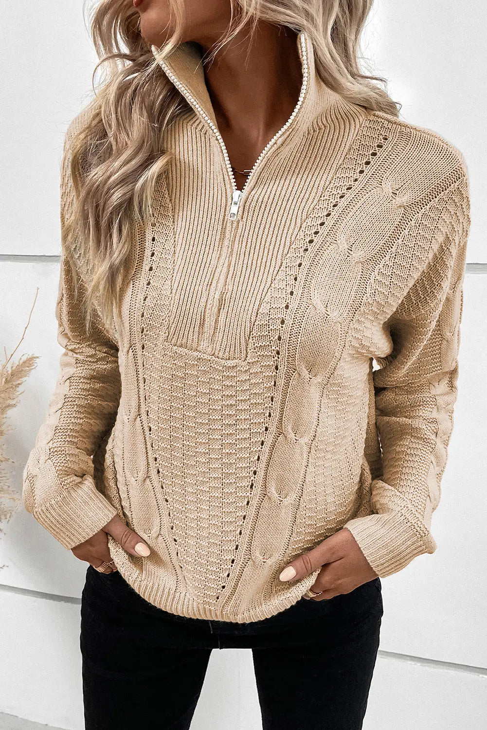 Apricot zipped stand collar cable knit sweater - s /
