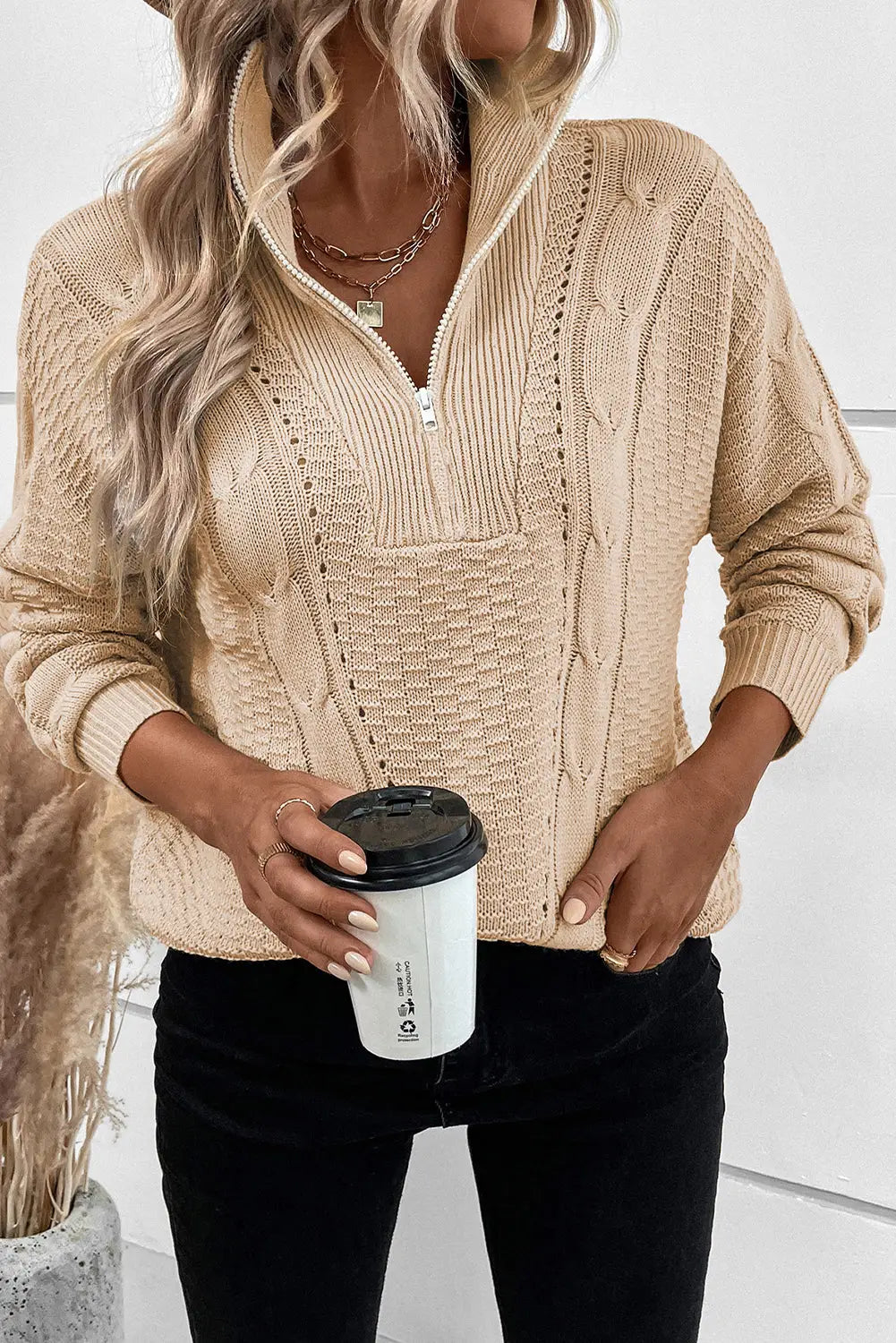 Apricot zipped stand collar cable knit sweater - tops