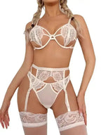 Arabella 4-Piece Garter Set in white with lace bra, garter belt, and thigh-highs. Elegant women’s lingerie for daily or special wear.