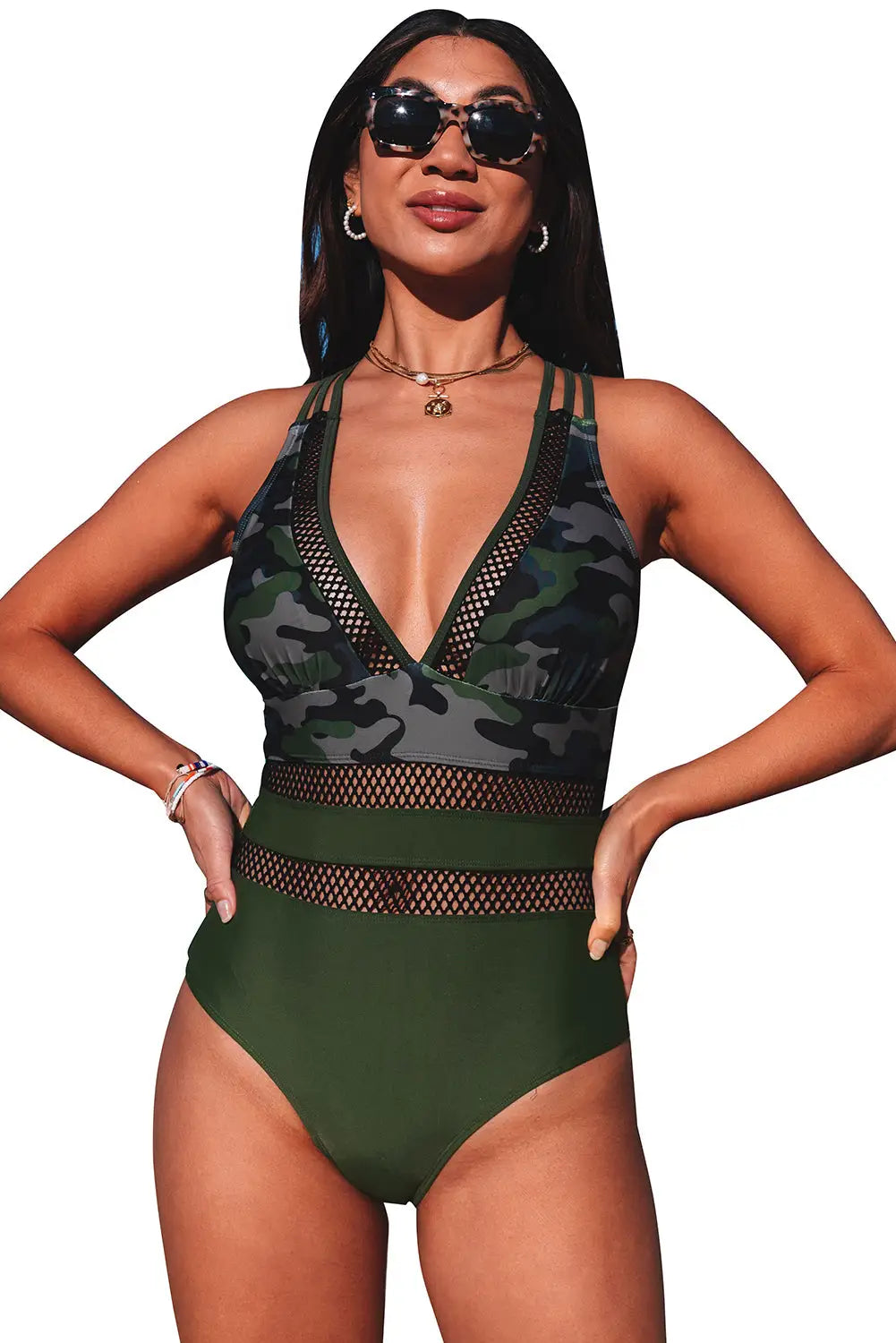 Army green camo patchwork one piece swimsuit - swimwear