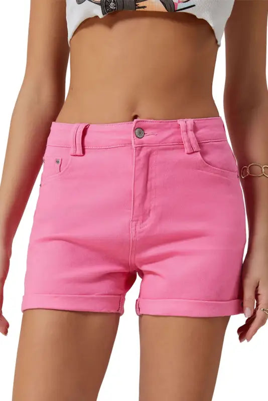 Bright pink ashlee high waist denim shorts with rolled cuffs for relaxed summer style