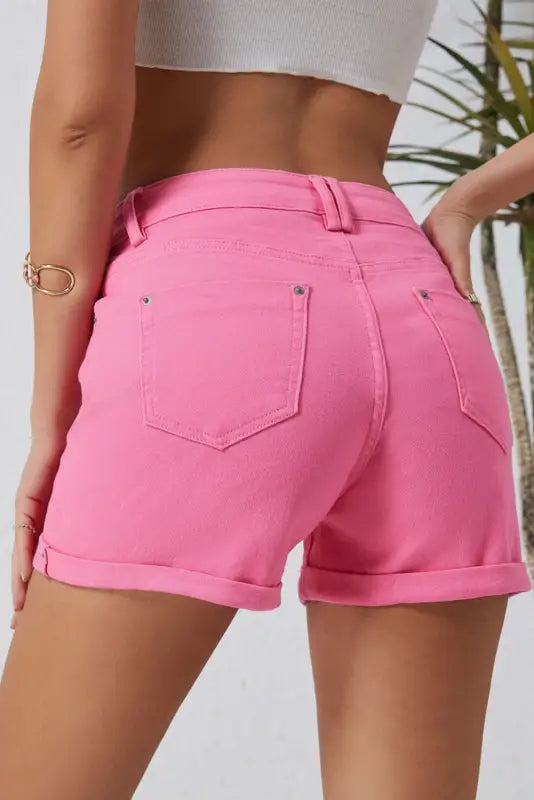 Bright pink ashlee high waist denim shorts with rolled cuffs and back pockets