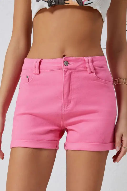 Ashlee high waist denim shorts - bright pink high-waisted shorts with rolled cuffs