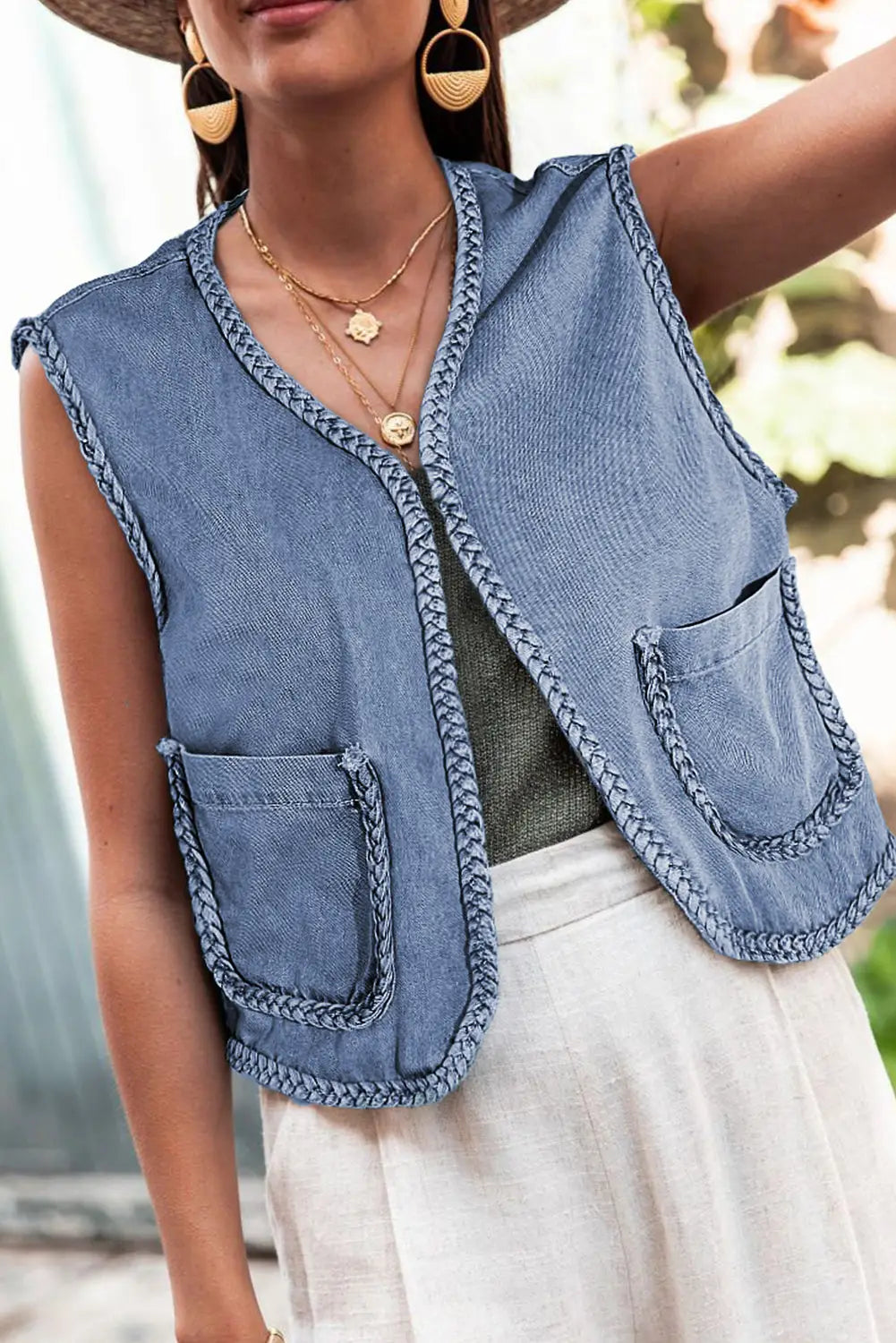 Ashleigh blue braided trim pocketed denim vest - l 82% cotton + 10% polyester + 8% viscose outerwear