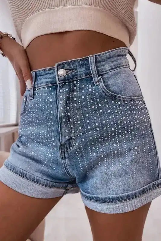 Ashleigh Blue Rhinestone Denim Shorts - Fashionfitz