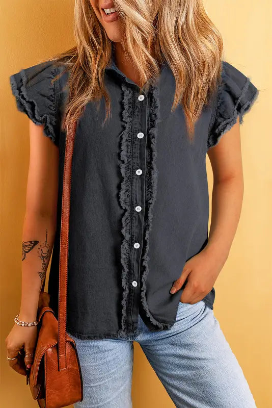 Ashleigh blue ruffled flutter frayed denim top