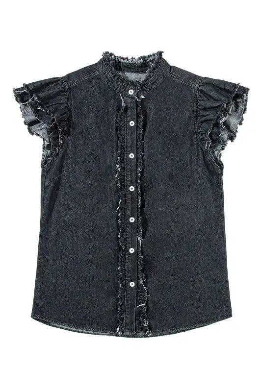 Ashleigh blue ruffled flutter frayed denim top