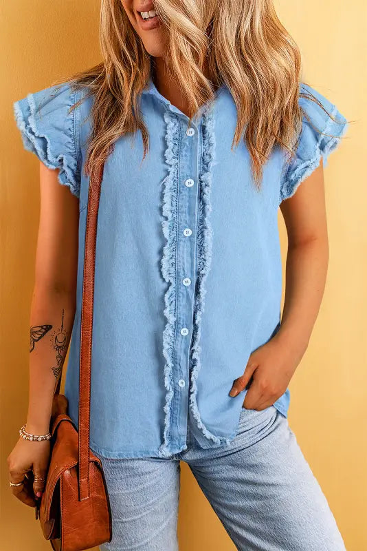 Ashleigh blue ruffled flutter frayed denim top