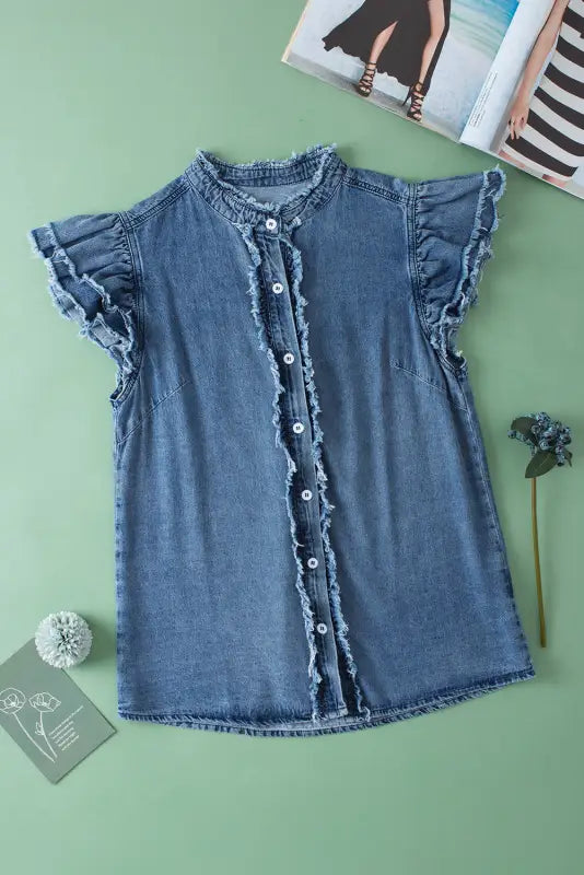 Ashleigh blue ruffled flutter frayed denim top