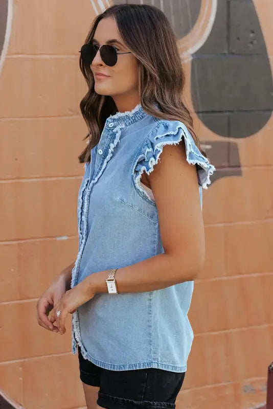 Ashleigh blue ruffled flutter frayed denim top