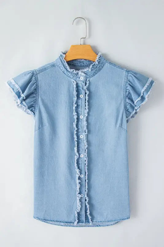 Ashleigh blue ruffled flutter frayed denim top