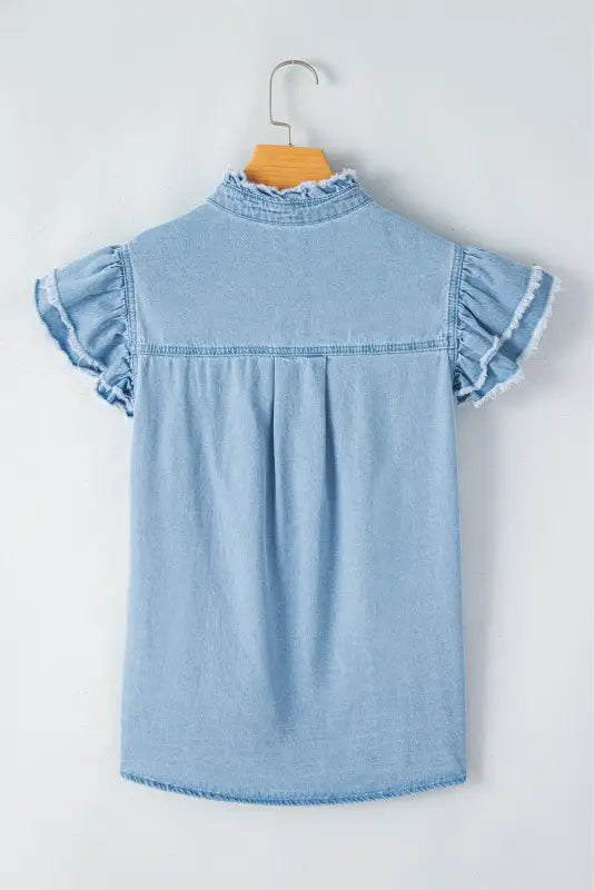 Ashleigh blue ruffled flutter frayed denim top