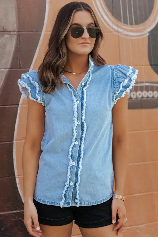 Ashleigh blue ruffled flutter frayed denim top