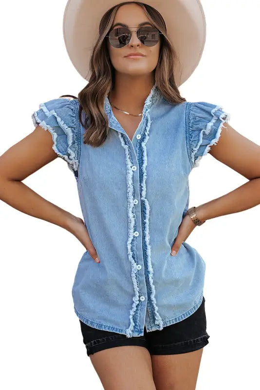 Ashleigh blue ruffled flutter frayed denim top