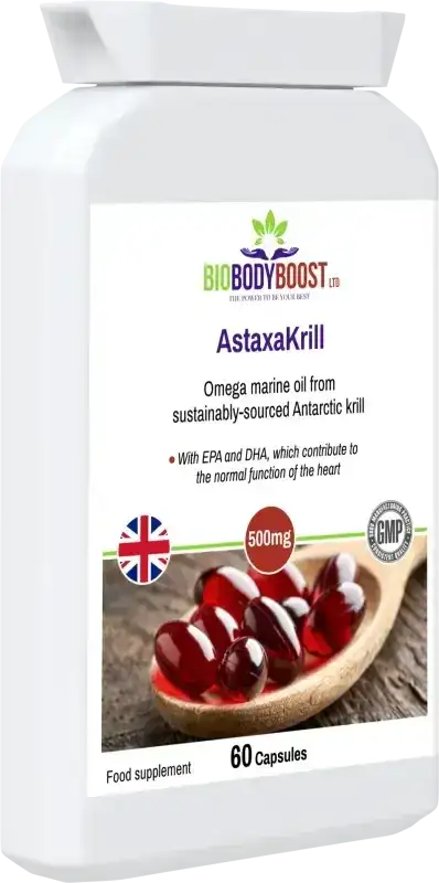 AstaxaKrill angled view — Antarctic krill oil supplement for omega fatty acids and antioxidant support, BioBodyBoost UK
