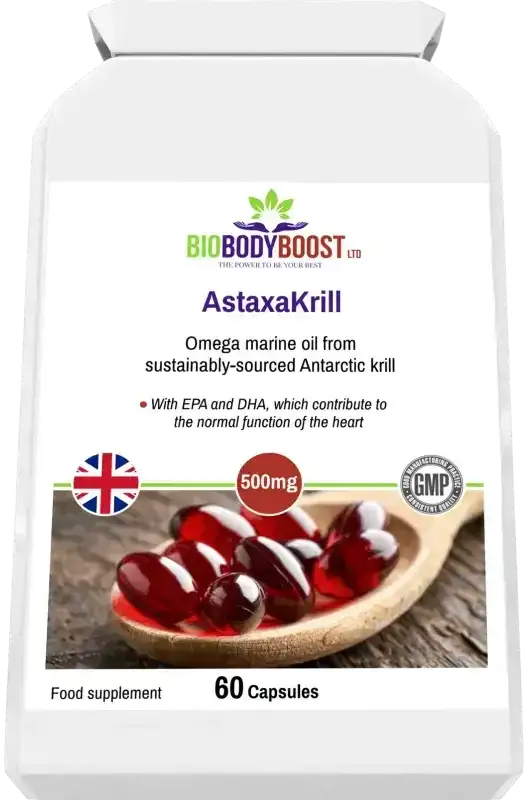 Side view of AstaxaKrill Antarctic Krill Oil Capsules — compact softgel supplement packaging, BioBodyBoost UK