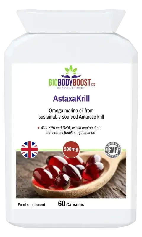 AstaxaKrill Antarctic Krill Oil Capsules — omega-3 EPA/DHA, phospholipids and astaxanthin from Antarctic krill, 60 softgels, BioBodyBoost UK