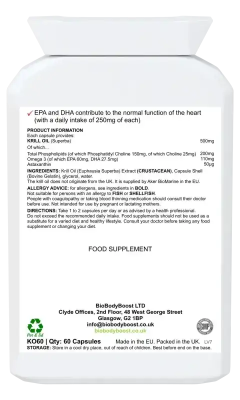 Back label of AstaxaKrill showing krill oil omega-3, phospholipid and astaxanthin content with dosage guide