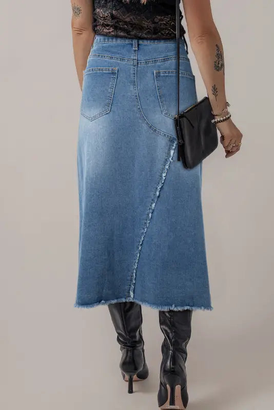 Asymmetric denim midi skirt | chic skirts | fashionfitz