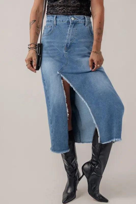 Asymmetric denim midi skirt | chic skirts | fashionfitz