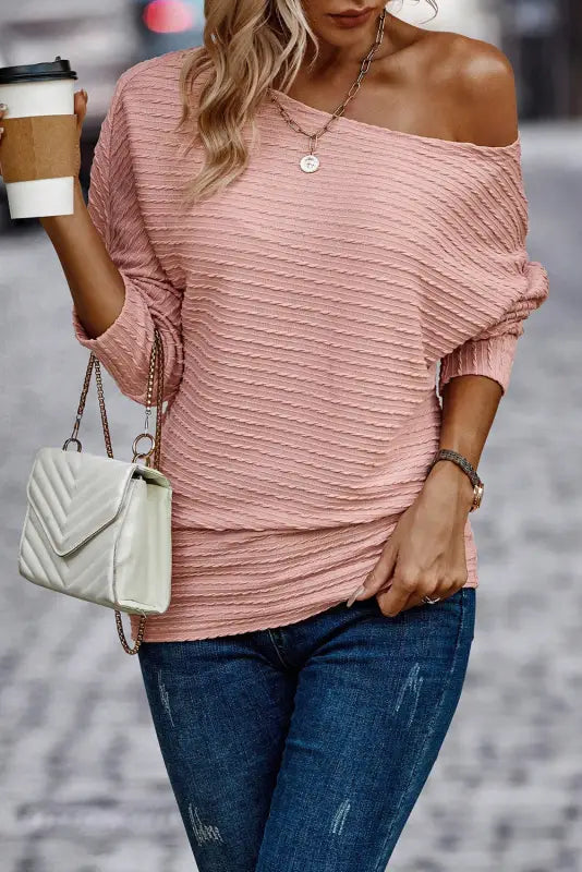 Asymmetric neck ribbed knit top - long sleeve tops